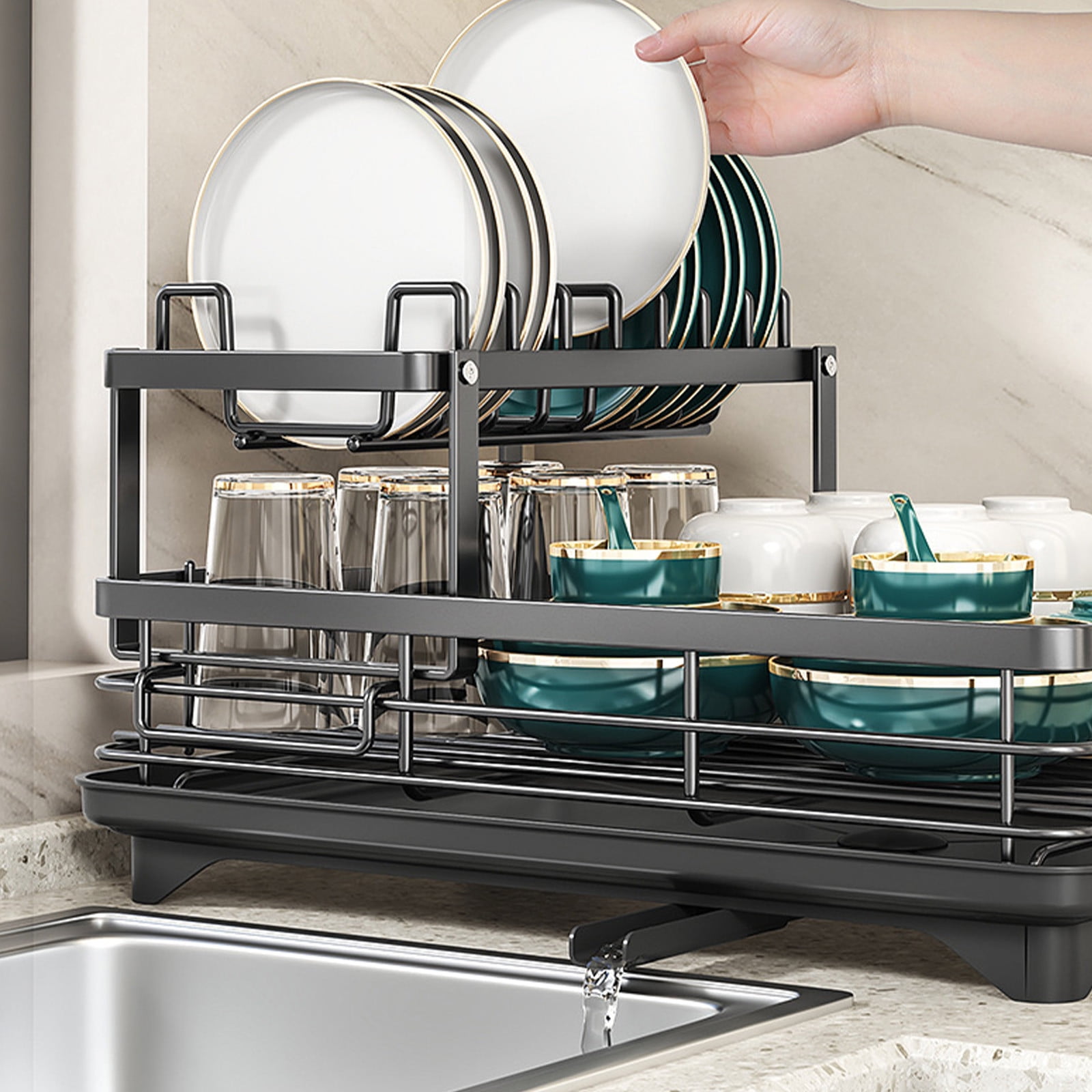 Dish Drying Rack, Dish Racks for Kitchen Counter, Kitchen Organizers and Storage Rack with Drainboard and Cutlery Holder (Black,Double-Layer Standard Version)