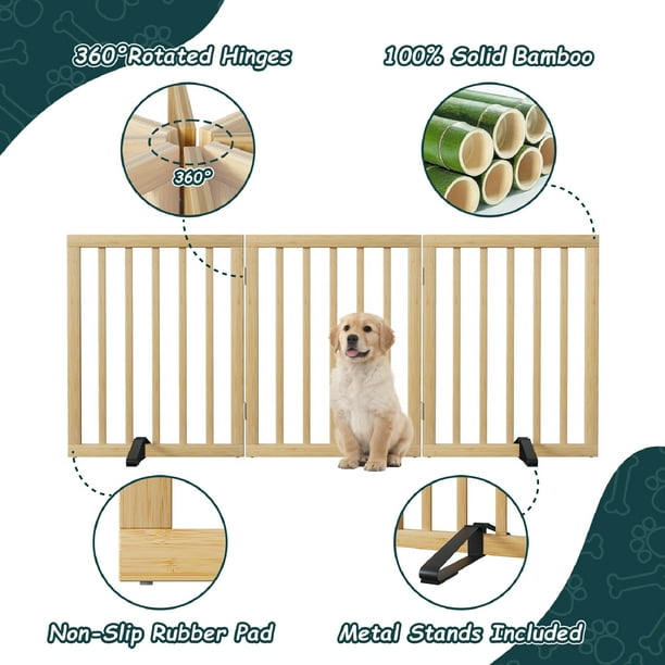 Smuxee Bamboo Freestanding Pet Gate Foldable Dog Gate with Support Feet Natural 3 Panel