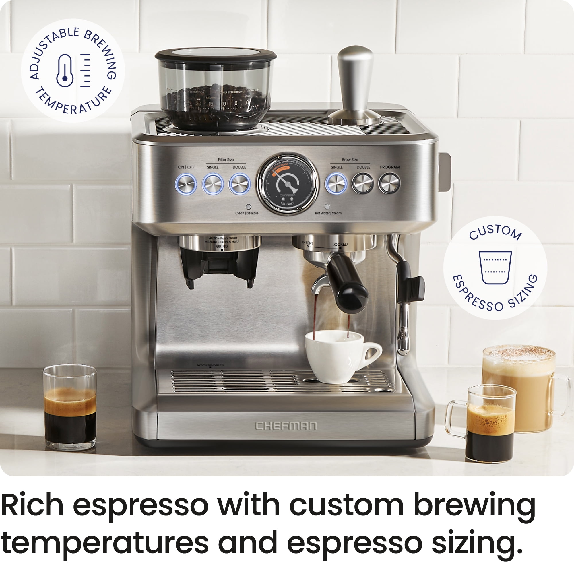 Chefman Crema Supreme Espresso Machine with Conical Burr Grinder and Steam Wand – Stainless Steel