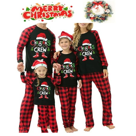 

Family Christmas Pjs Matching Pajamas Sets Christmas Hat Print Tops + Plaid Pants for Adults Kids Baby Dog Holiday Sleepwear Set
