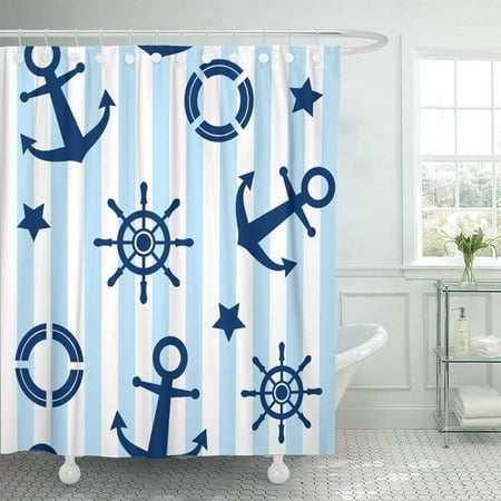 Marina Satin Shower Curtain - ARTJIA Blue Beach with Anchor Steering Wheel Lifebuoy and Starfish Cute Marine Pattern Baby and Other Navy Shower Curtain 66x72 inch