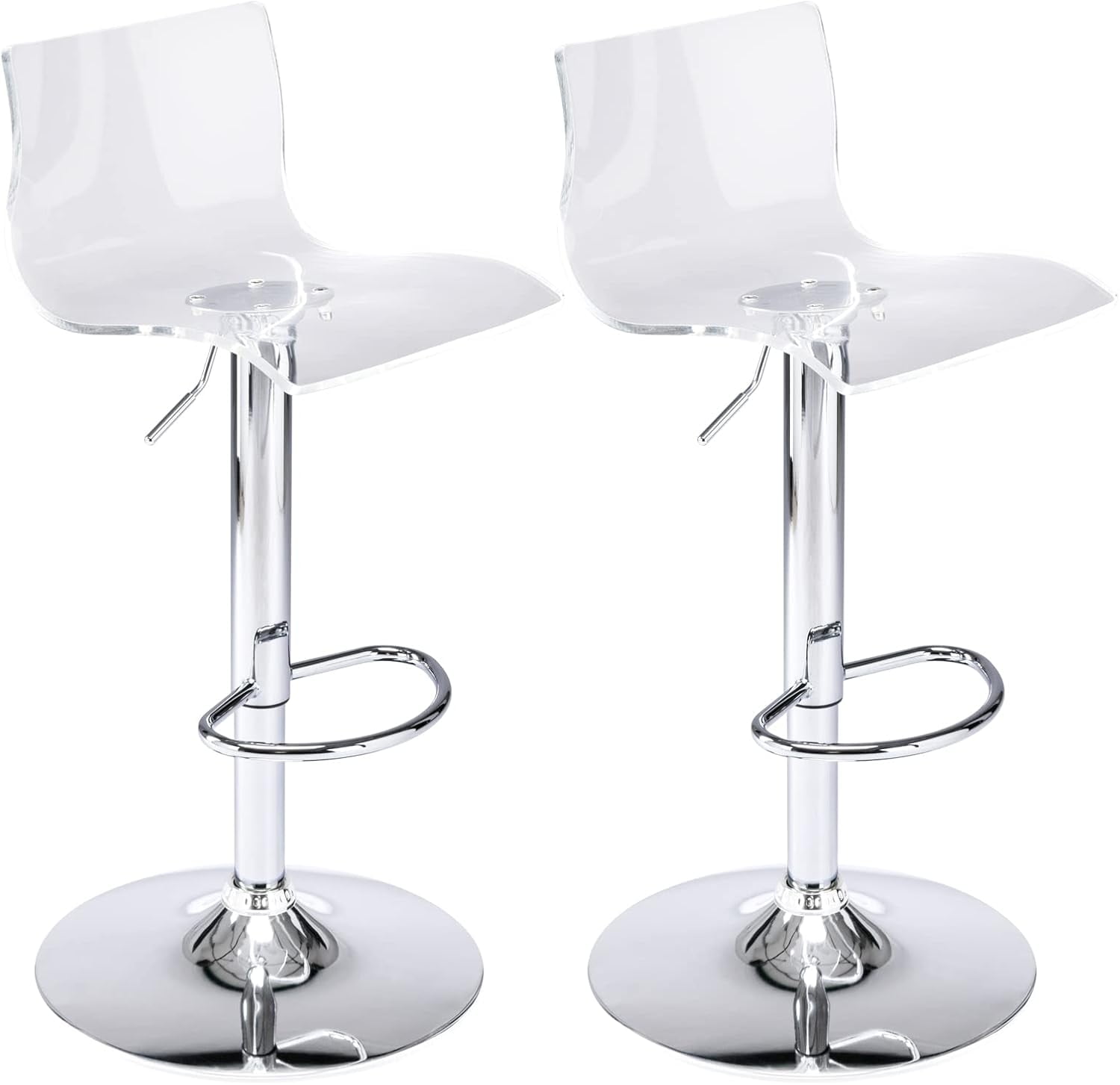 Acrylic Bar Stools Set of 2, Clear Adjustable Height Silver Base Barstools with Back, 360° Swivel Transparent Modern Bar Stool for Kitchen Island, Dining, Bar, Pub