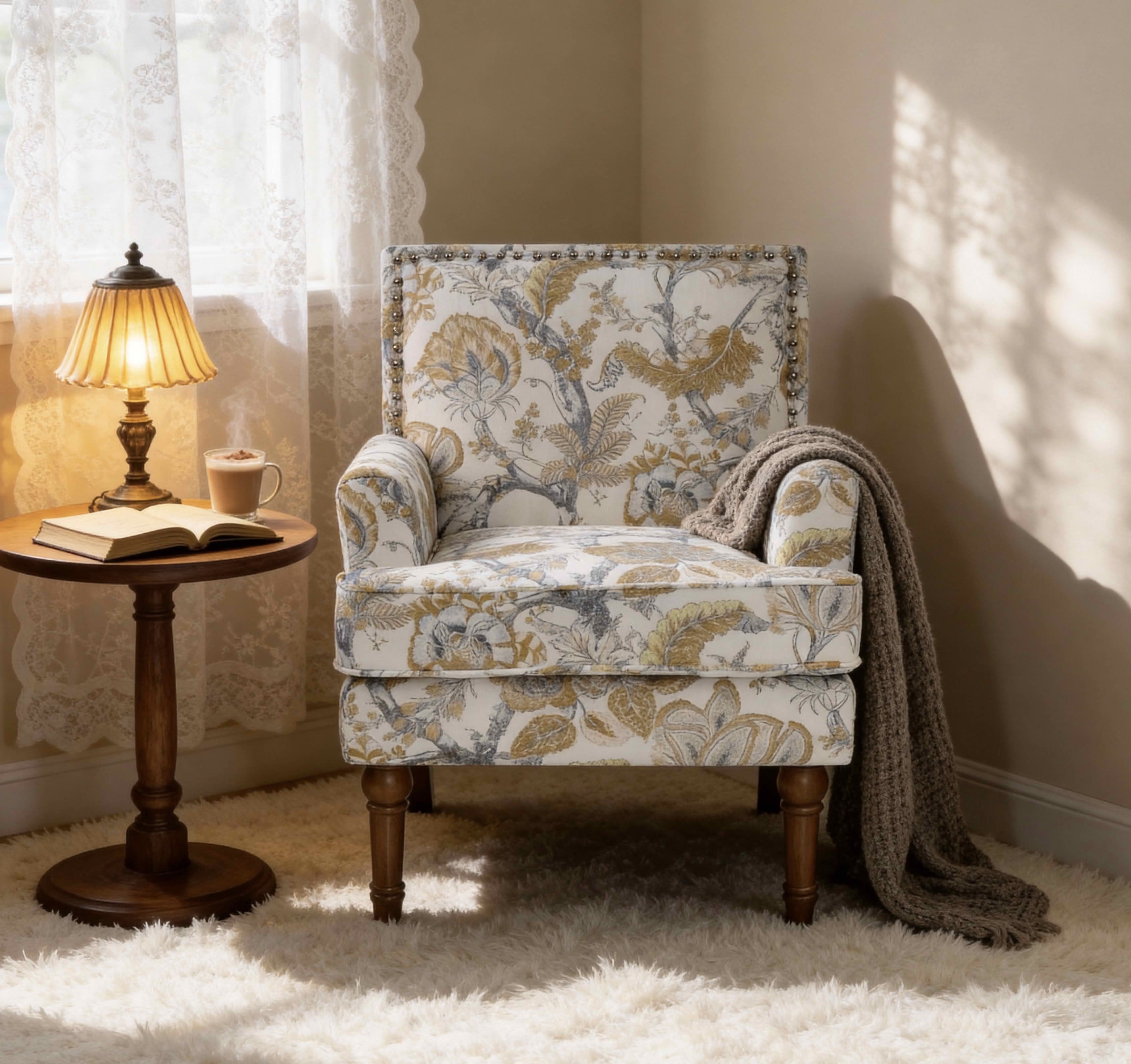 MAYEERTY 29 In Floral Accent Armchair, Farmhouse Upholstered, Nailhead Trim, Wood Legs, Earthy Yellow
