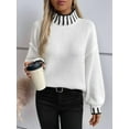 thumbnail image 6 of Women Mock Sweater Pullover Knitted Striped Cable Knit Fall Winter Long Sleeve Fashion Blouse Cream White XL, 6 of 8