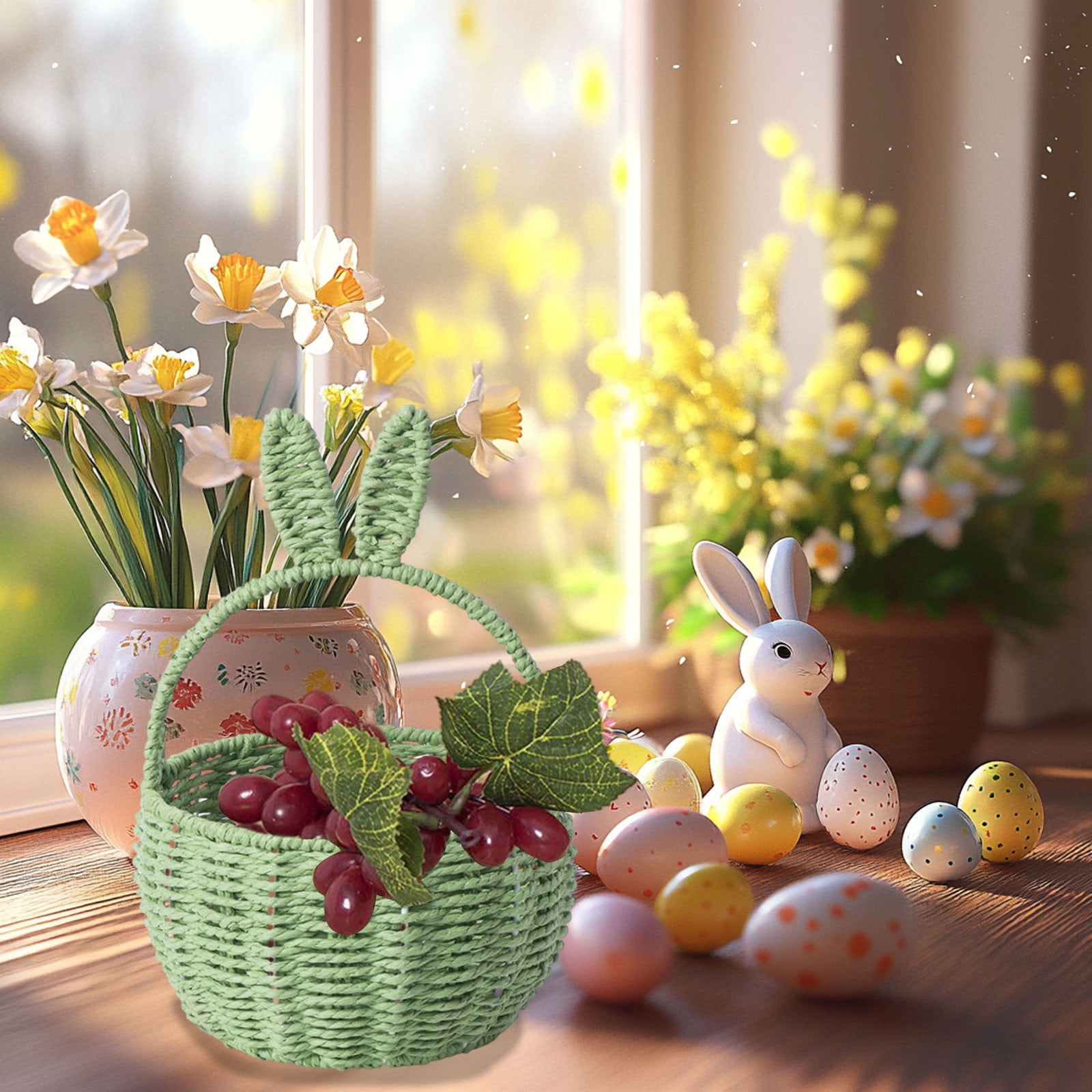 Green Easter Themed Woven Basket For Holiday Decor And Gift Giving Bunny Storage Tote With Handles For Organizing Snacks And Small Items