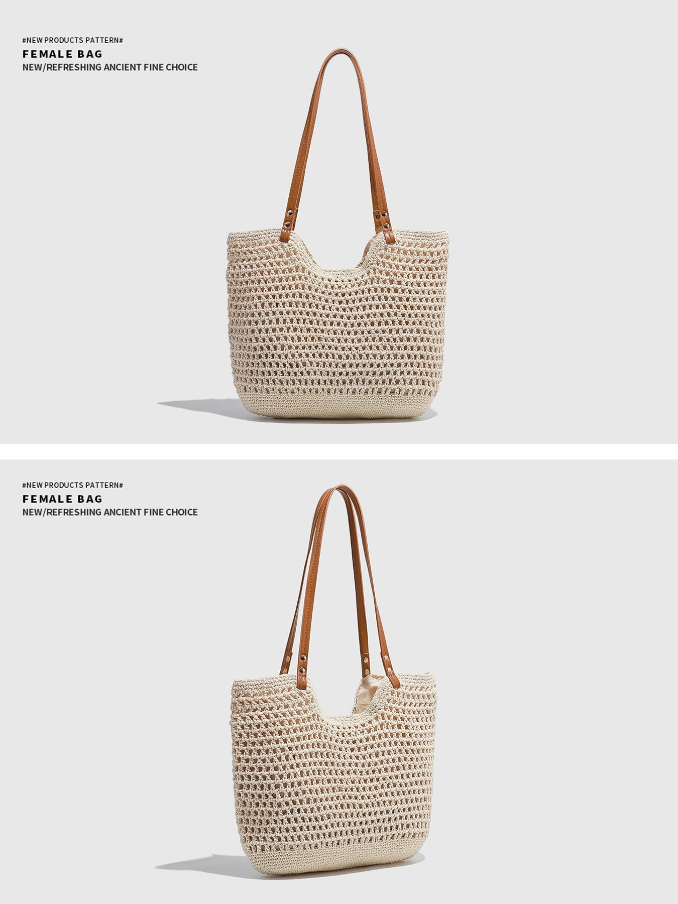 PRIYAL Crochet Beach Bag Purse, Boho Woven Tote with Leak-Proof Lining For Summer Vacation Travel Casual Shoulder Bag Soft