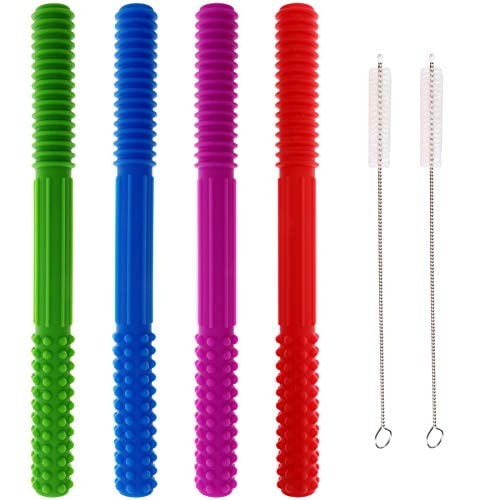 Munchewy Sensory Teething Tubes(4 Pack), Soft Silicone Hollow Teether Chew Toy for Babies, Toddlers, Kids, Boys, Girls with Autism, ADHD, SPD, Biting, Teething, Sensory Needs(Blue,Green,Purple,Red)