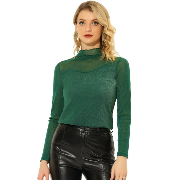 Camiseta de manga larga con panel transparente de malla delgada para mujer Verde S