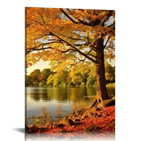 JRXY  Sunset Tree Leaves Canvas Wall Art Fall Forest Posters Prints Nature Mountain River Art,Framed Ready to Hang Living Room Work Home Walls Office  12x16 in