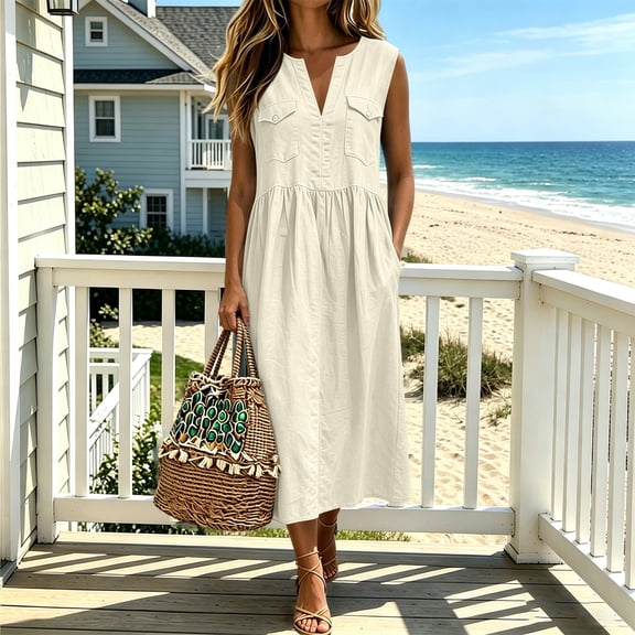 QUNYINEY White Casual Summer Dresses for Women Sleeveless Long Cotton Linen A Line Sundress with Pockets V Neck Loose Fit Dresses