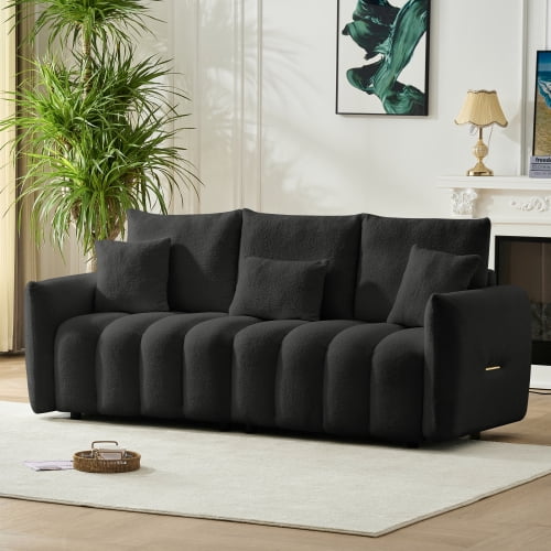 78 Inch Teddy Fabric 3-Seater Sofa, Modern Oversized Upholstered Couch with Soft Back Pillows for Living Room, Bedroom, Apartment, Black