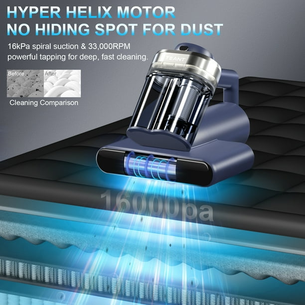 Teant Mattress Vacuum Bed Vacuum Cleaner with 253.7nm UV-C Light, Hyper Helix Motor with 16Kpa Strong Suction & 33000 RPM/Min Tapping, HEPA Filter,149℉ Heat & Ultrasonic & Anion for Bed and Pet