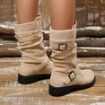 thumbnail image 4 of Women Buckle Strap Ruched Mid Calf Boots Faux Suede Solid Color Round Toe Block Mid Heel Winter Casual Boots Indoor Outdoor Daily Wear US Size 5 To 9 Beige, 4 of 8