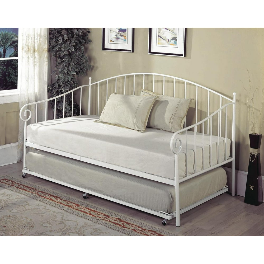 Emele Twin Size White Metal Day Bed Frame With Pop-Up High Riser