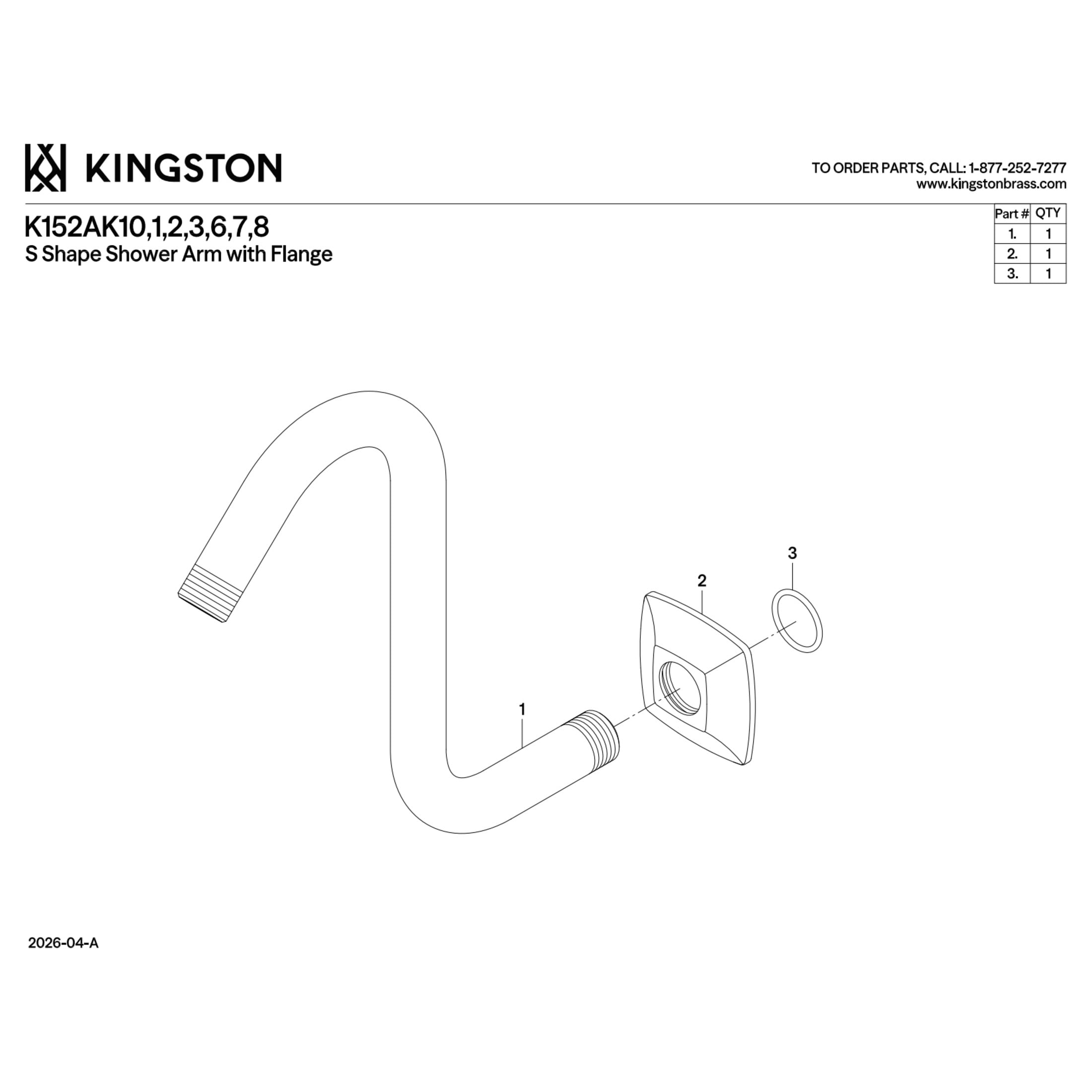 Kingston K152AK11 Gehry S-Shape Shower Arm with Square Flange, Polished Chrome