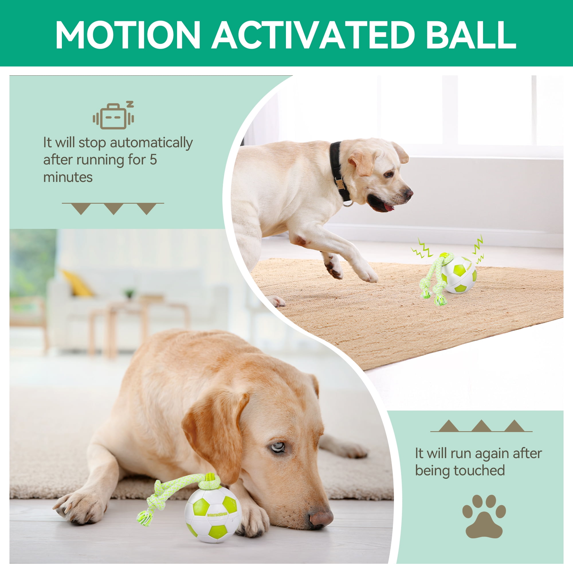 All For Paws Interactive Dog Ball Toy with LED Lights, Motion Activated Rolling Ball Toy with Rope, USB Rechargeable Moving Dog Ball Toys, Soccer Ball