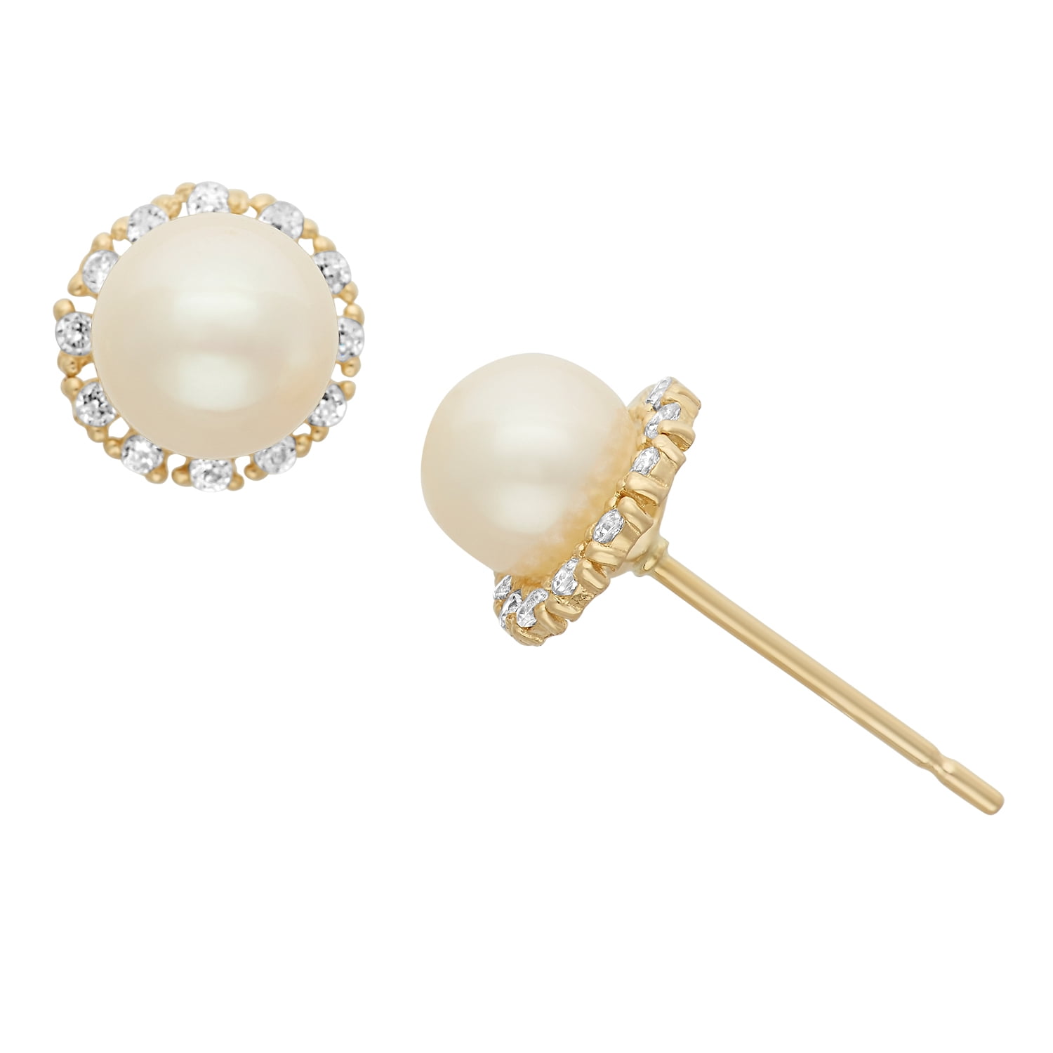 14K Yellow Gold Earrings Genuine Pearl Set With Cubic Zirconia 