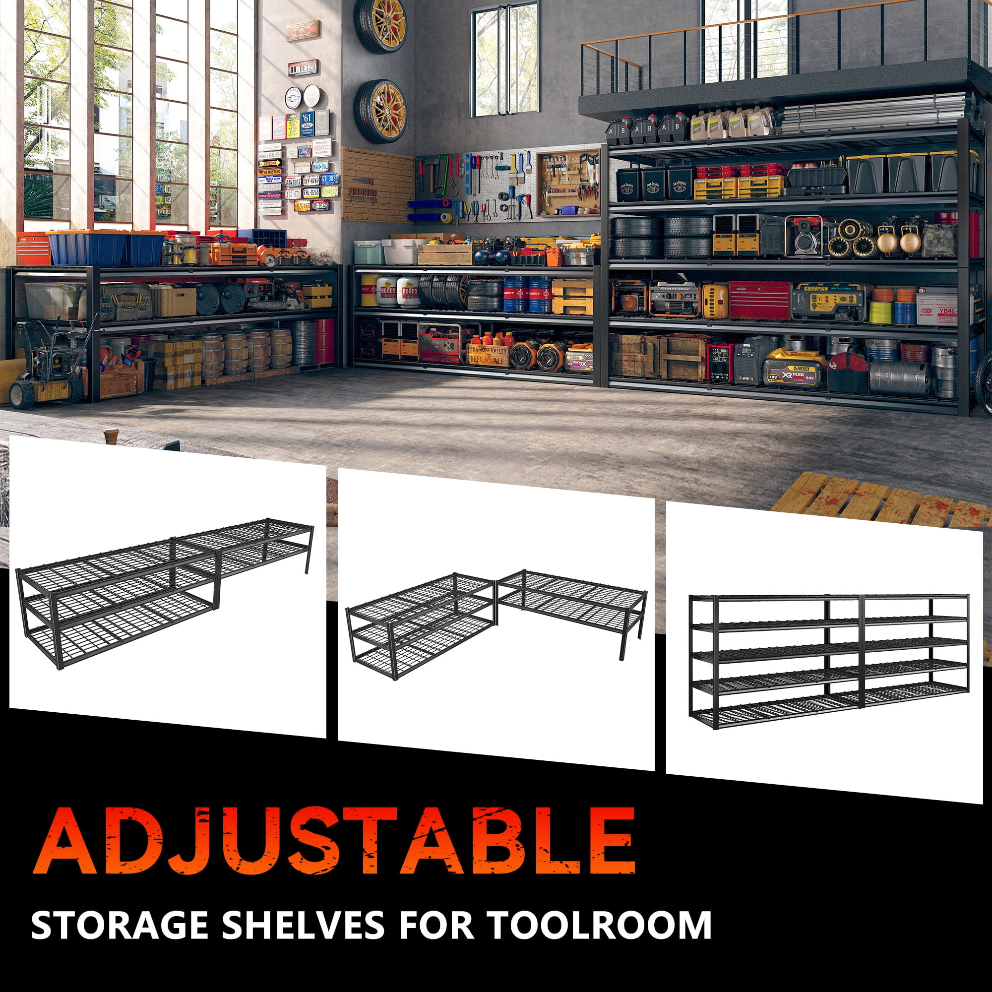 REIBII 60" W Garage Shelving Heavy Duty Storage Shelves 3000LBS Adjustable 5 Tier Metal Shelving Unit for Storage Rack 60" W x 24" D x 72" H