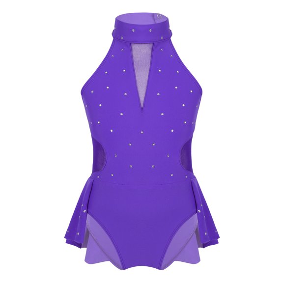 YEAHDOR Girls Juniors Ice Skating Ruffled Leotard Dance Outfit Rhinestone Cutout Back Ballet Dancewear Purple 10