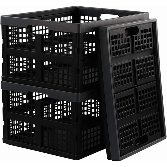 3 Packs 32 L Plastic Collapsible Crates, Folding Storage Crate Bin, Black