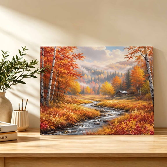 Fall Landscape Canvas Wall Art, Lakeside Orange Maple Trees Forest Vibrant Meadow Wall Art Prints Artwork Framed Canvas Ready to Hang Art Pictures for Dining Room Bedroom Study Lounge Nook 18" x 12"
