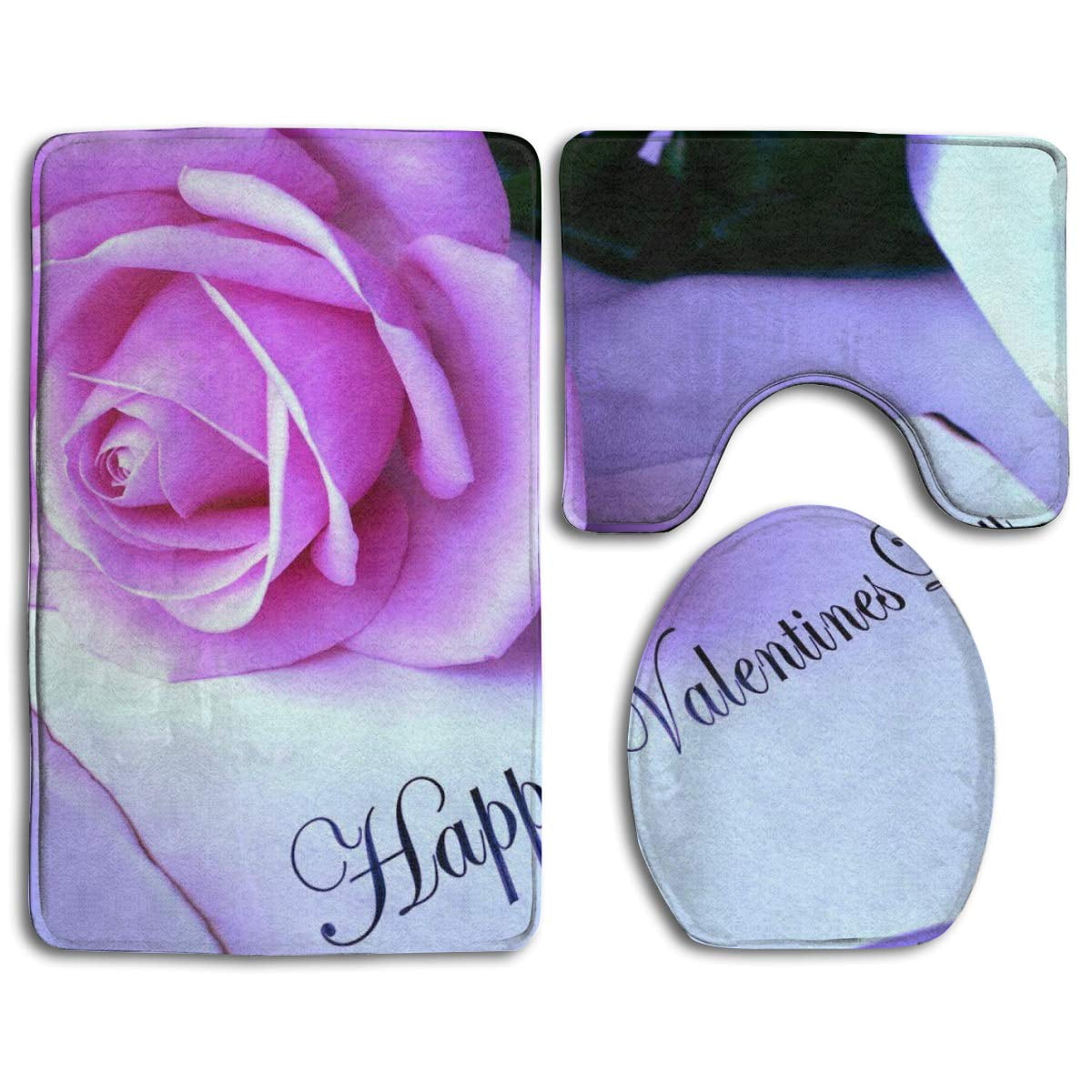PUDMAD Cute Love Rose Valentines Day Cards 3 Piece Bathroom Rugs Set