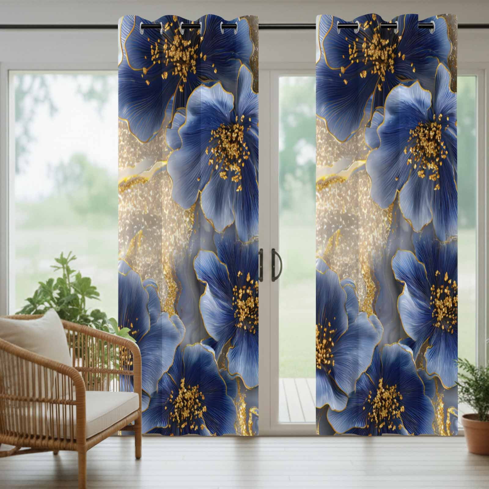 Dark Blue Flowers Outdoor Curtains for Patio, Romantic Dark Blue Floral Gold Marble Sunshade Privacy Drapes Grommet Waterproof Outside Curtains for Porch/Cabana/Balcony 54"x 108", 1 Panel