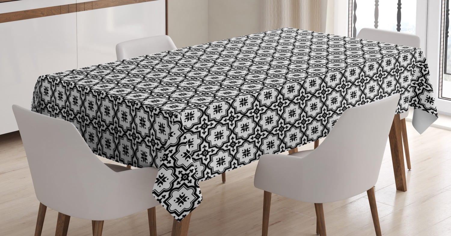 Moroccan Tablecloth, Arabic Monochrome Pattern Oriental Architecture