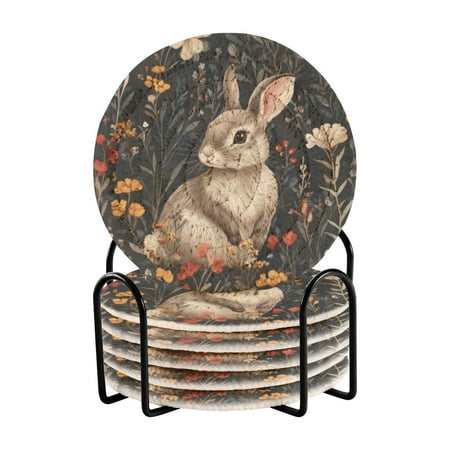 

6 coil coasters 3.94x3.94x0.24 inch water coasters Drink coasters with cup holders Absorbent coasters Heat resistant for bar protection Cute Rabbits and Flowers1