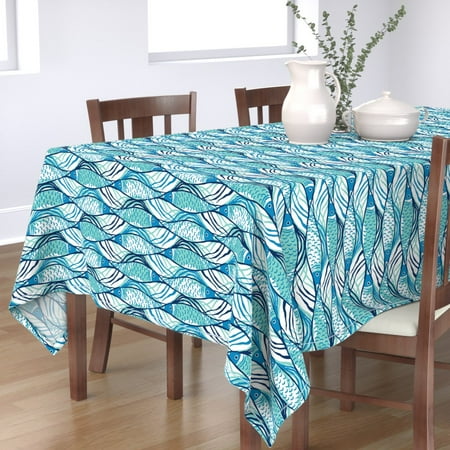 

Cotton Sateen Tablecloth 70 Square - Fish Aqua Nautical Beach House Coastal Summer Midcentury Modern Ogee Ocean Print Custom Table Linens by Spoonflower