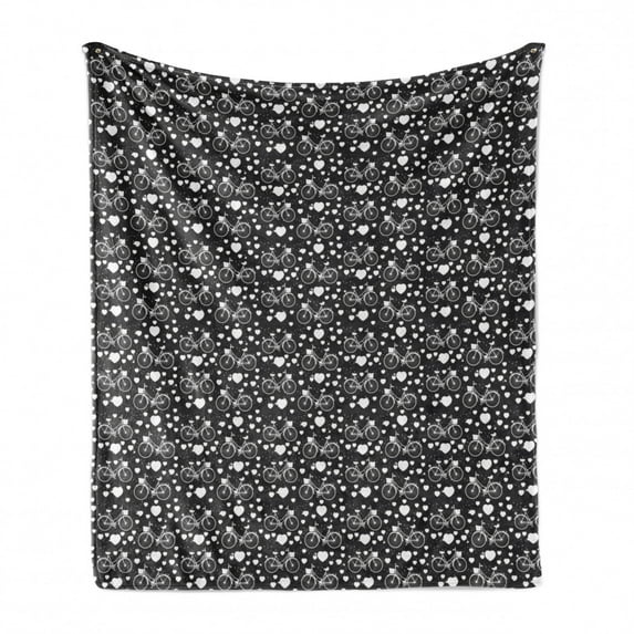 Hearts Soft Flannel Fleece Throw Blanket, Bicycles and Heart and Romantic Scene Valentine's Day Theme, Cozy Plush for Indoor and Outdoor Use, 50" x 60", Dark Grey and White, by Ambesonne