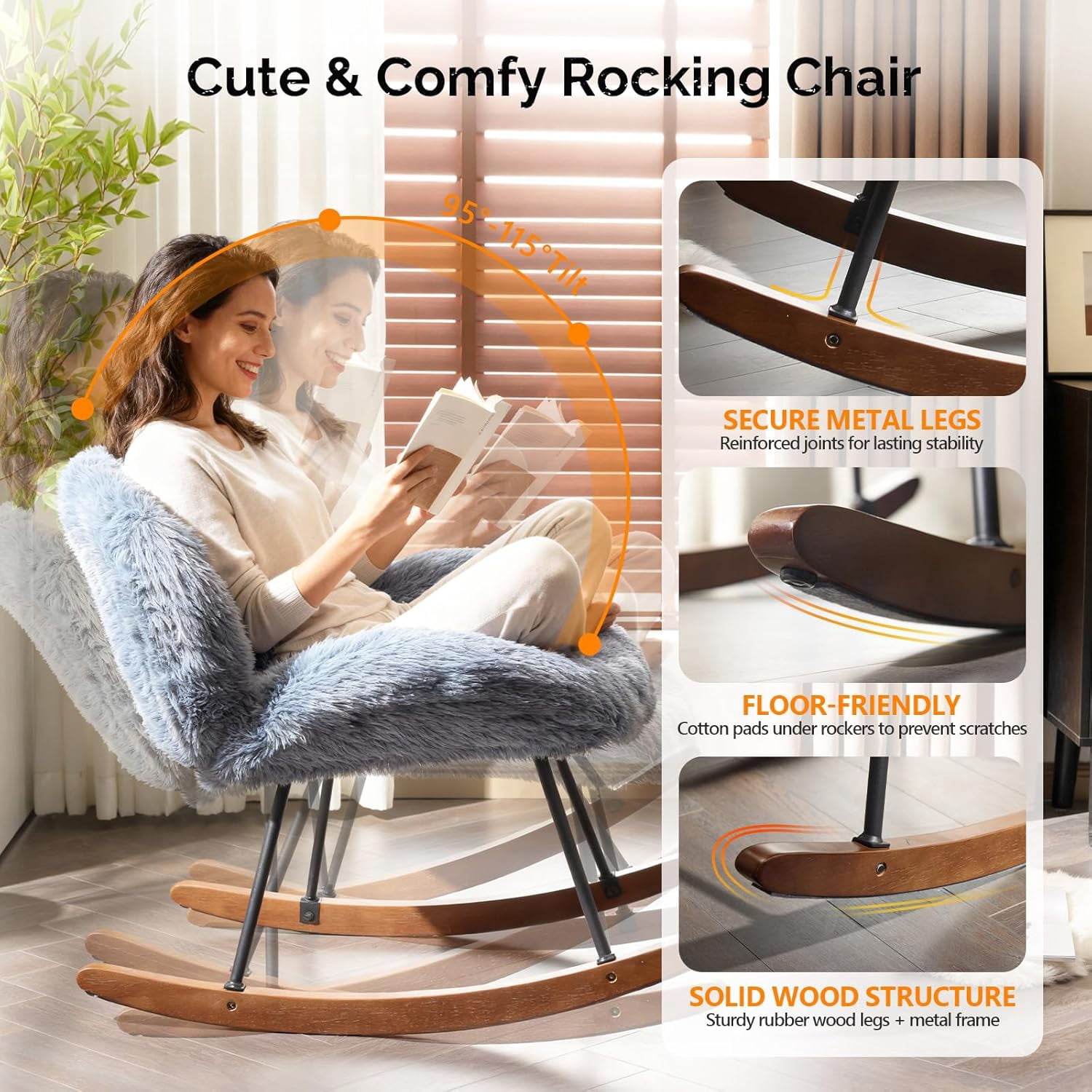 JFTER 25.6" Extra Wide Criss Cross Nursery Rocking Chair,Cute Curved 115° Reclining Armless Glider,Plush Small Rocker w/Pillow & Solid Wood for Indoor,Bedroom, Living Room,Fluffy Fleece,Navy Blue