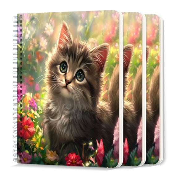 Spiral Journal Notebook,50 Sheets A5 College Ruled Notebook/Journal 3 Pcs for School Office Home - Charming Little Cat With Soft Fur