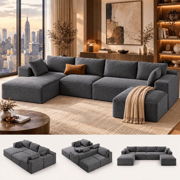 Lofka 134.3" Gray U-Shaped Sectional Sofa, 5-Seat Modular Corduroy Couch, Deep Seat Boneless Sofa for Living Room, No Assembly Required