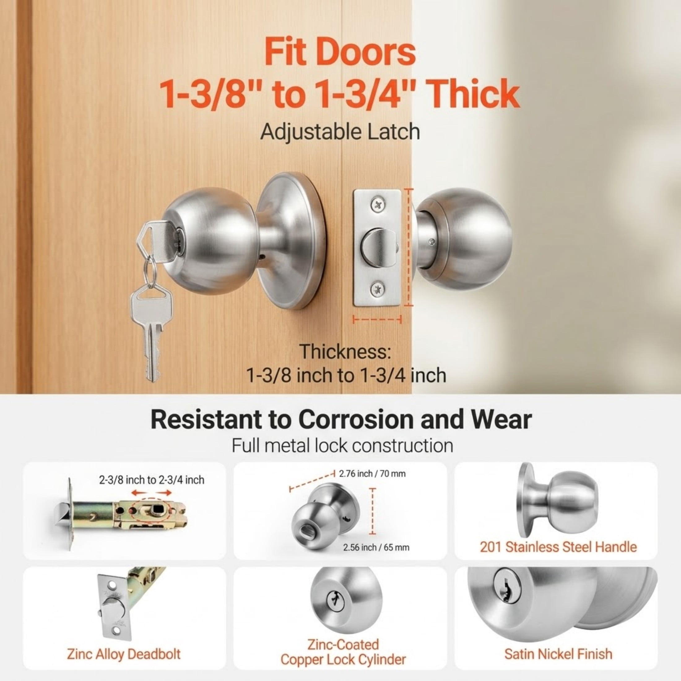 Satin Nickel Keyed Entry Door Knob, Modern Round Ball Lockset with Thumb Turn Interior and Keys, All-Metal Hardware for Bedroom and Bathroom