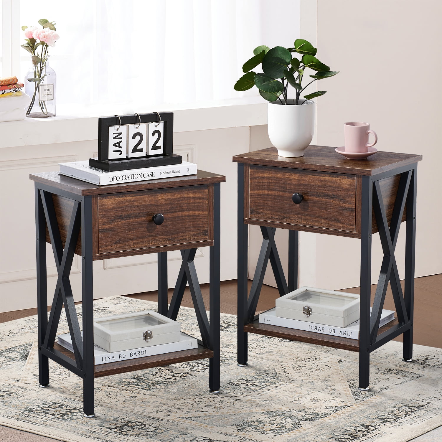 Set of 2 Night Stand End Table Bed Sofa Side Accent Table w/Drawer Simple Design