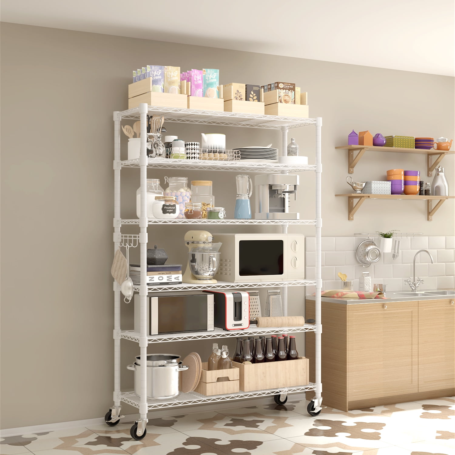 Ktaxon 6 Tier Wire Shelving with Wheels, 46"D x 18"W x 82"H Multifunctional Storage Rack Metal Garage Shelves Organizer, Capacity for 2400lbs, White
