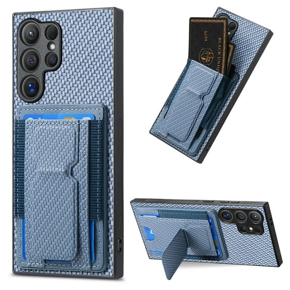for Samsung Galaxy S25 Ultra Carbon Fiber Texture Wallet Case with Credit Card Slots, Shockproof Protection Business PU Leather Flip Kickstand Phone Cover for Samsung Galaxy S25 Ultra, Blue