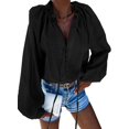 thumbnail image 1 of Women's Casual Solid Color Long Sleeve V Neck Drawstring Loose Shirts Blouses Tops, 1 of 4
