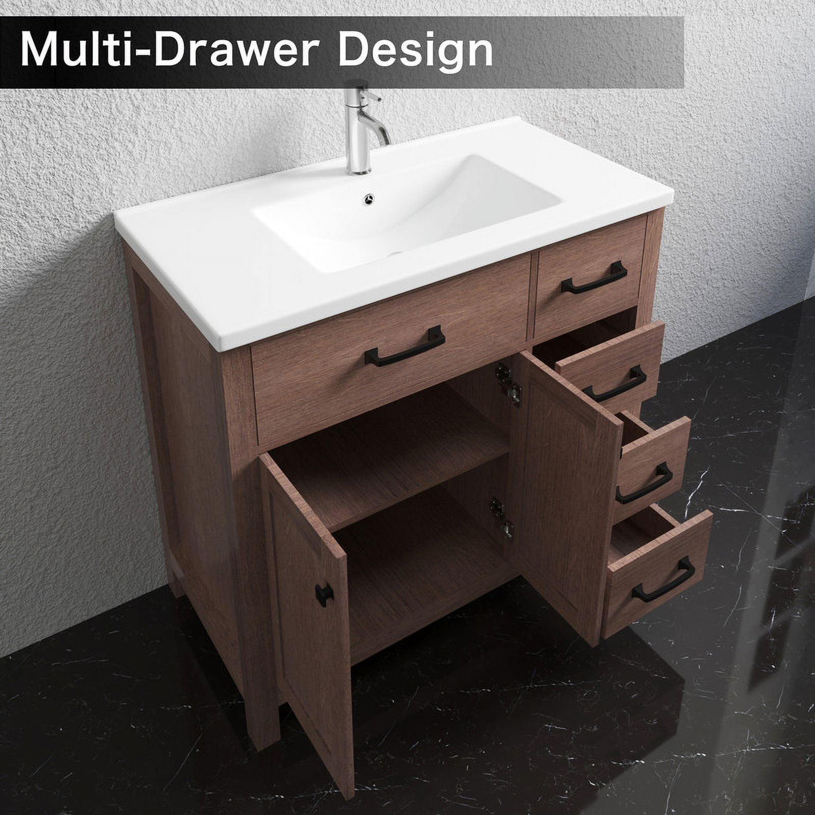 Wonline 36" Luxurious Bathroom Vanity Cabinet with Sink Combo Set，Undermount Ceramic Sink w/Thickened Wood,Faucet,Mirror,Brown