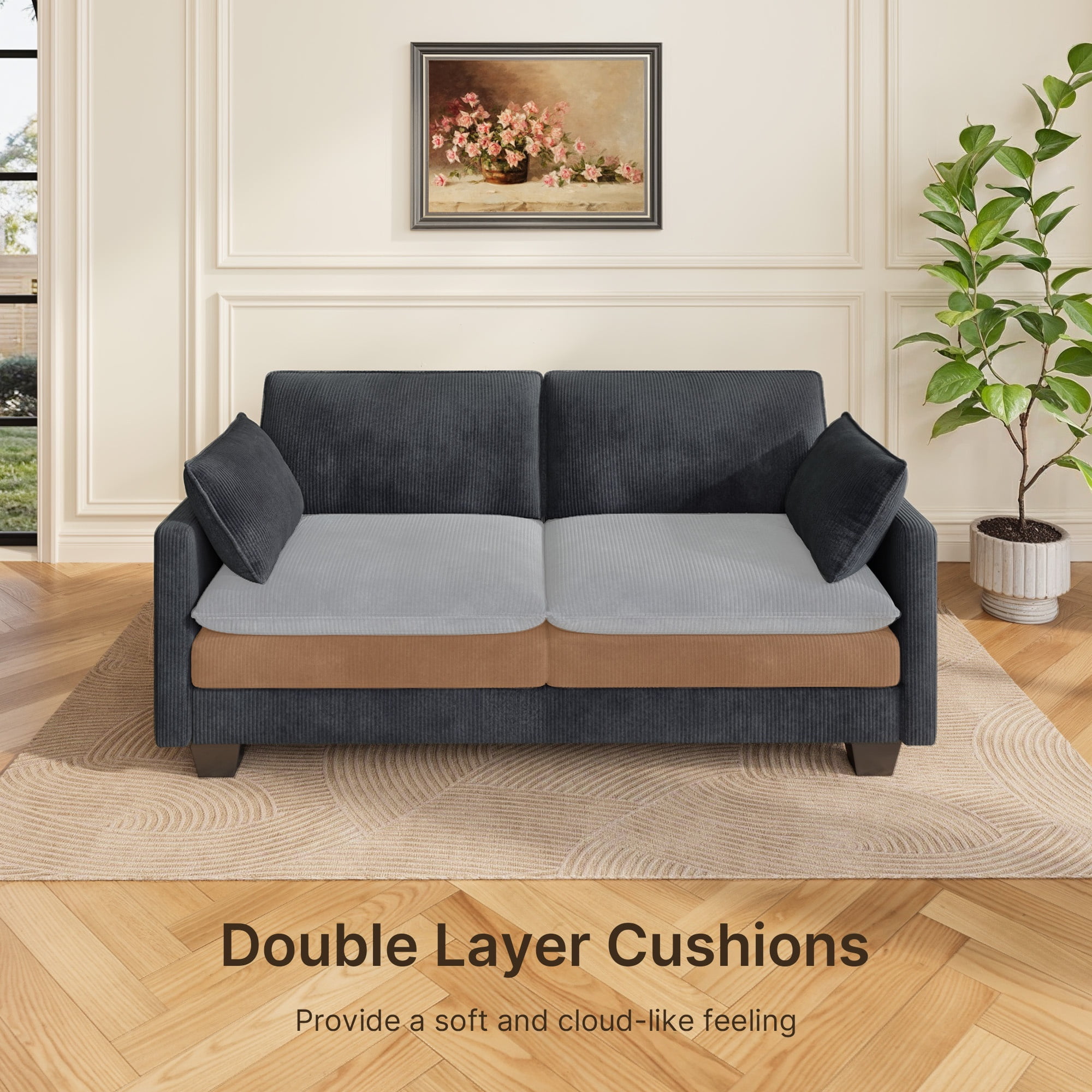 Asofer 75" Loveseat Corduroy Cloud Sofa, Deep Seat 2 Seater with Washable Cushion & 2 Pillows for Living Room Apartment, Gray