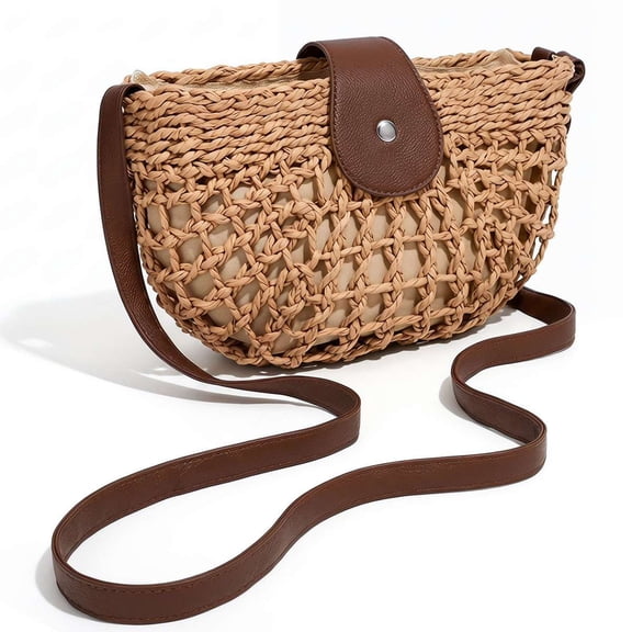BadPiggies Women Straw Shoulder Bag Hollow Out Summer Beach Handbag Woven Zipper Crescent Purse (Khaki)