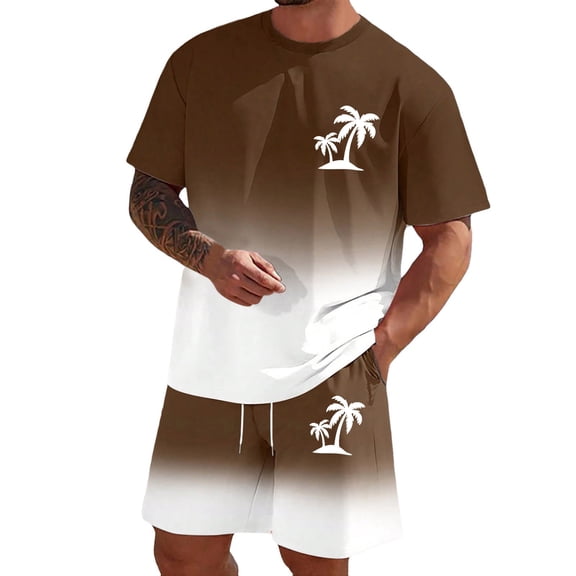 KKBOTIVE Mens Outfit Set Button Up Fashion Short Sleeve T Shirt Tops with Short/long Pant Summer Clothes Suits for Mens, Brown Size: M