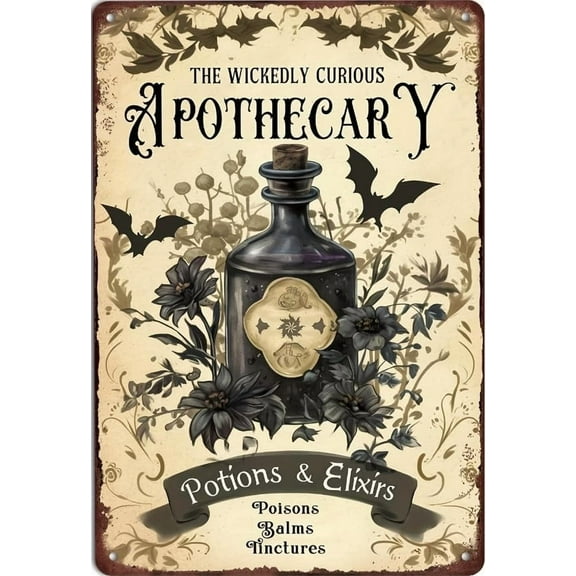Vintage Apothecary Potions Tin Sign – 8x12 Metal Wall Art for Halloween, Haunted House, Farmhouse Decor, Kitchen, Home or Bar