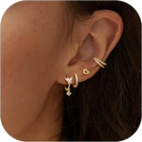 shiyou-4 Pairs Dainty Gold Stud Earrings for Women 14k Gold Plated Earring Sets for Multiple Piercing Hypoallergenic Small Hoop Earring Stack Sensitive Earrings Stackable Hoops Earings