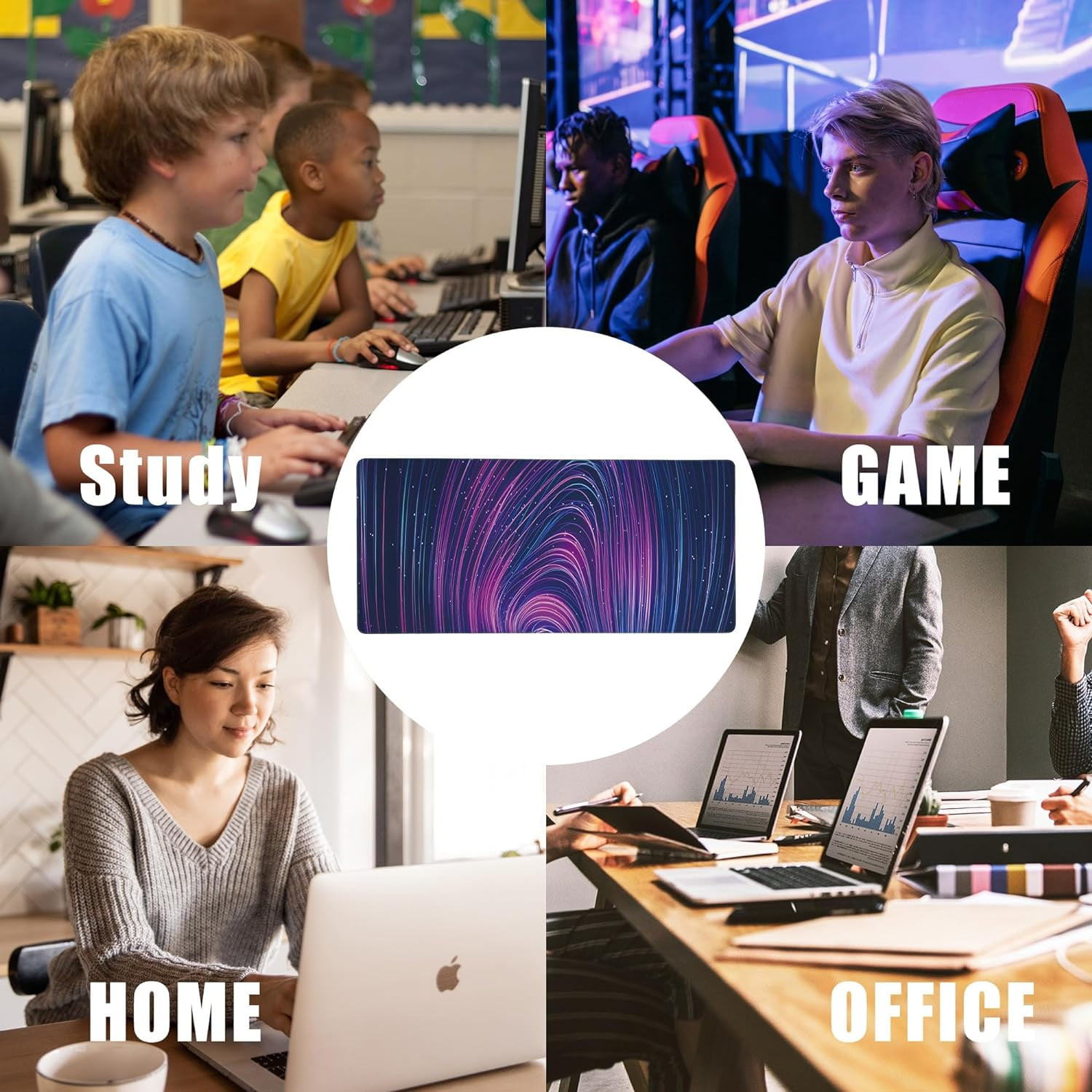 Futuristic Neon Swirl Lines Large Gaming Mouse Pad,Waterproof Desk Mat for Desktop,Non-Slip Rubber Base Mousepad with Stitched Edges for Laptop Office and Home 35.4X15.7 Inch
