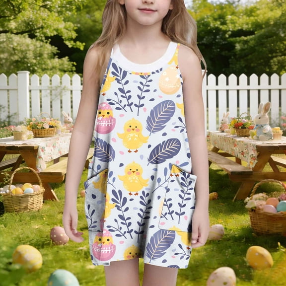 ATOGUTA Girls Summer Dress Casual Summer Spaghetti Straps Easter Romper Dresses with Pockets for Kid Size 3T-10. Multicolor