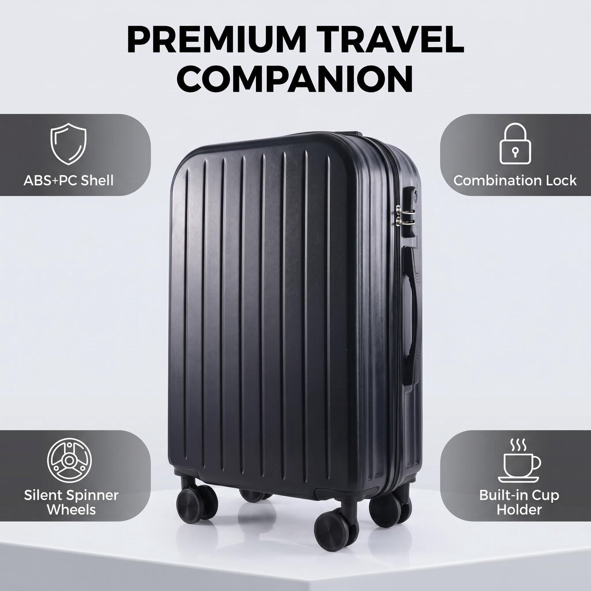 HEMXSZH 20 Inch ABS+PC Hardside Rolling Luggage with Password Lock, USB Port & Cup Holder Suitcase, Black