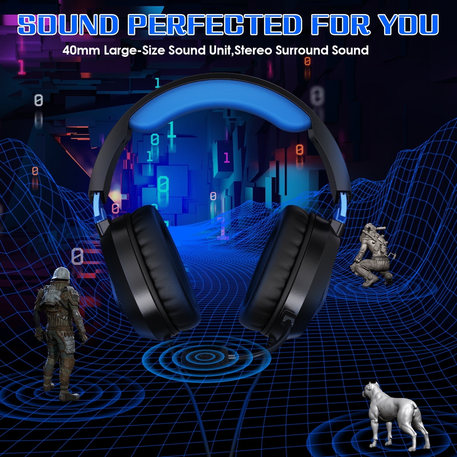 Gaming Headset Wired for PS5 PS4 Xbox One Switch PC, Noise Cancelling Over Ear Headphones with Mic,Stereo Bass Surround,Blue