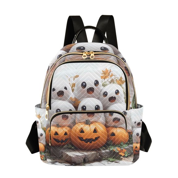 JIALIOU Mini Backpack Purse for Women Quilted Casual Daypack Small Travel Shoulder Bag, Lovely Ghosts Sit on Pumpkins